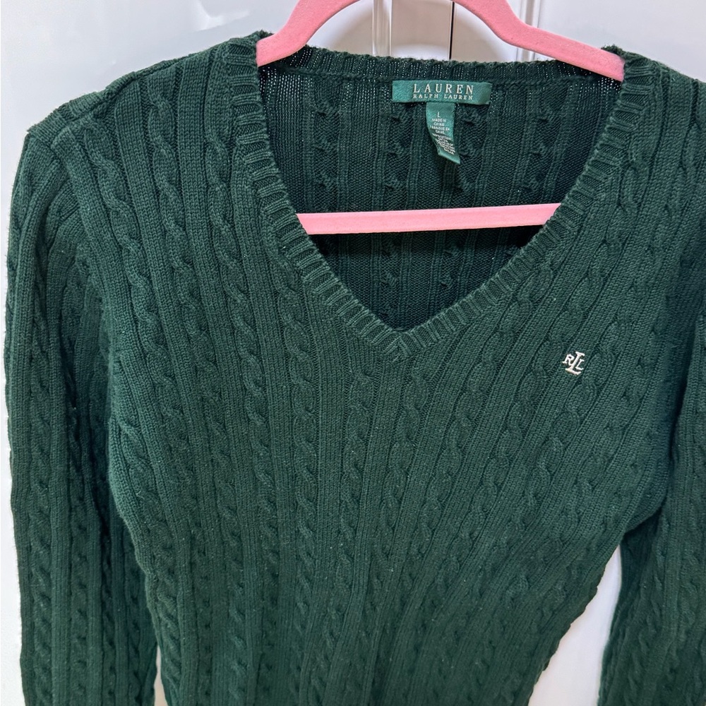 💚 Lauren Ralph Lauren Forest Green Cable-Knit V-Neck Women’s Sweater 💚 - Picture 8 of 10